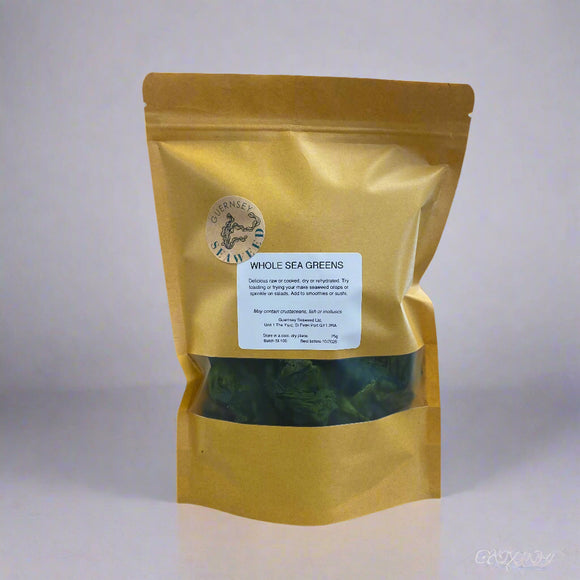 Yellow package of whole sea greens with a label on a white background
